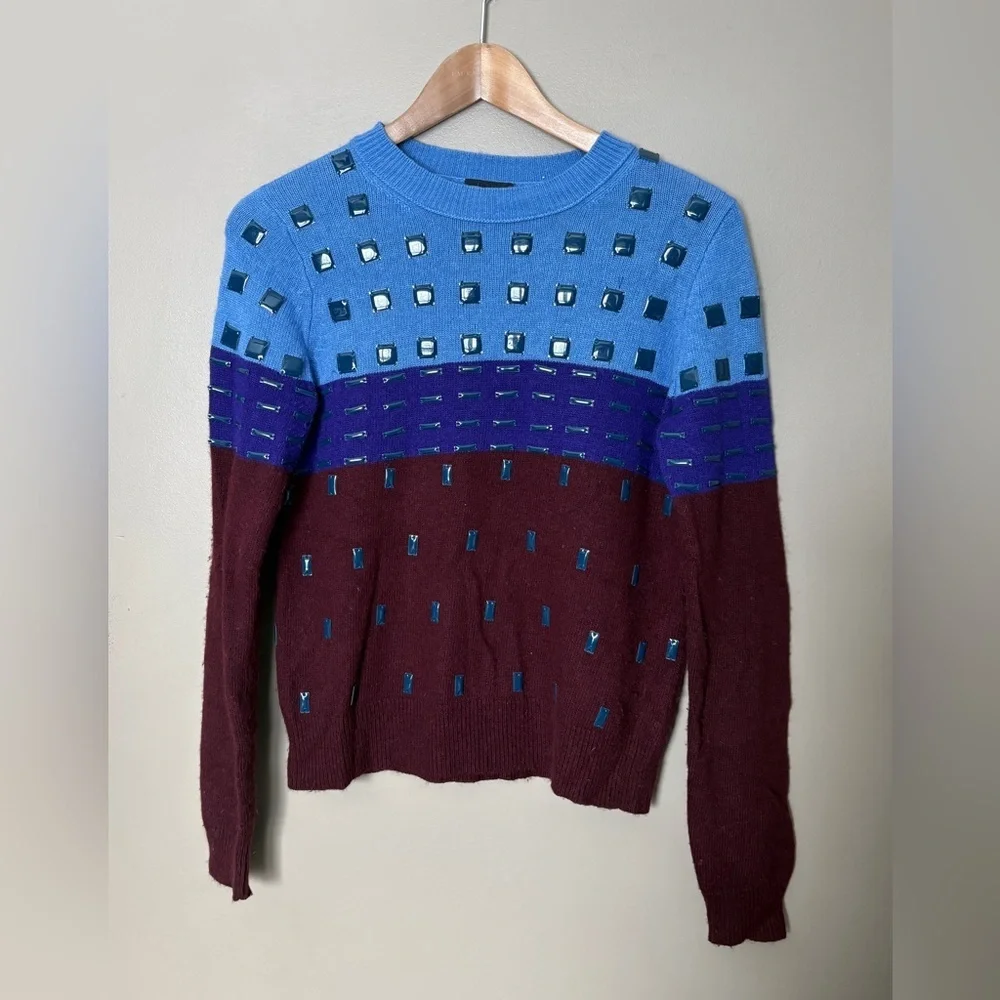J. Crew black label color block embellished wool angora crew sweater sz S EUC
